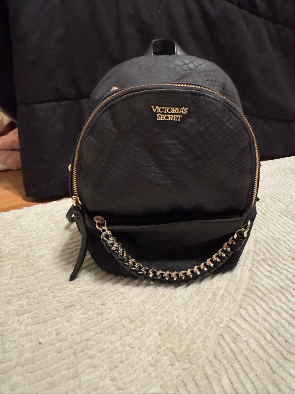 Victoria's Secret Black nylon python Mini Backpack with Gold Chain Detail